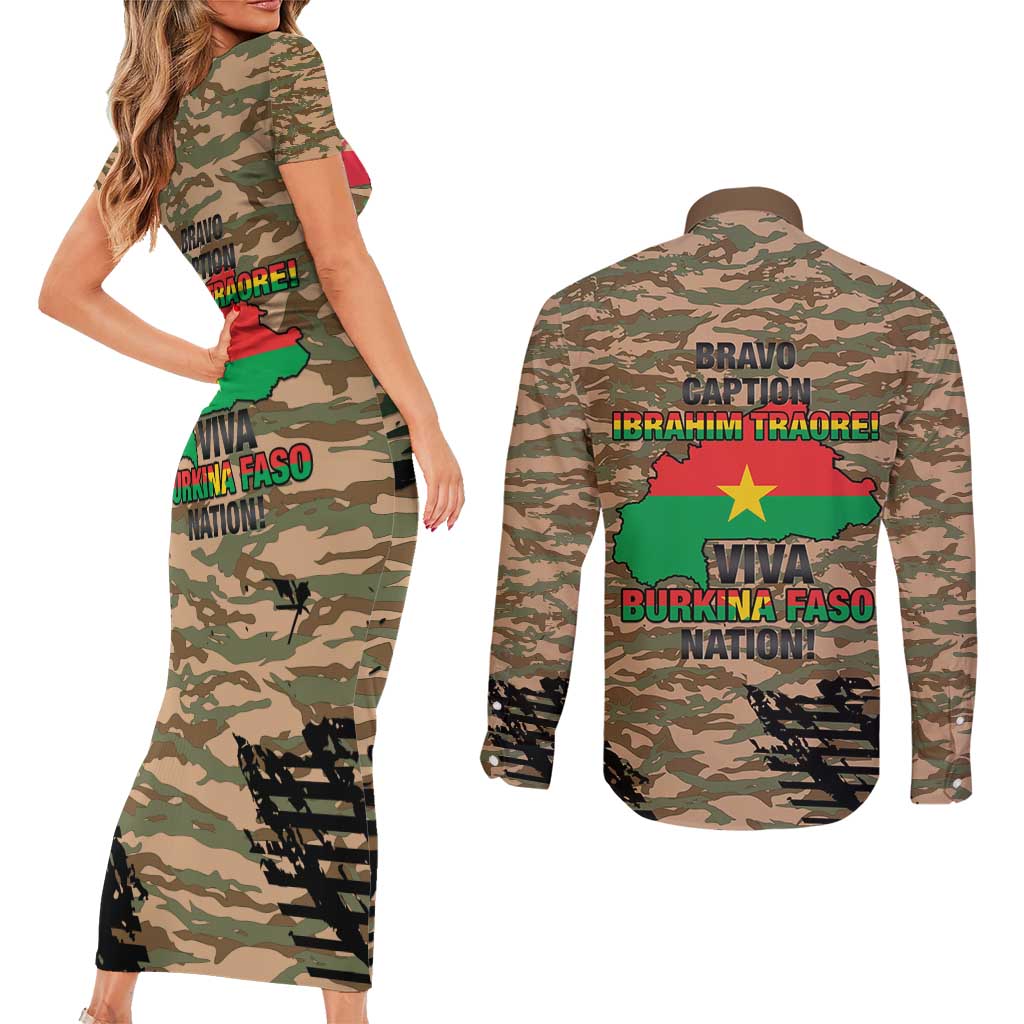 Burkina Faso Military Couples Matching Short Sleeve Bodycon Dress and Long Sleeve Button Shirt Bravo Caption Traore! Viva Burkina Faso Nation!
