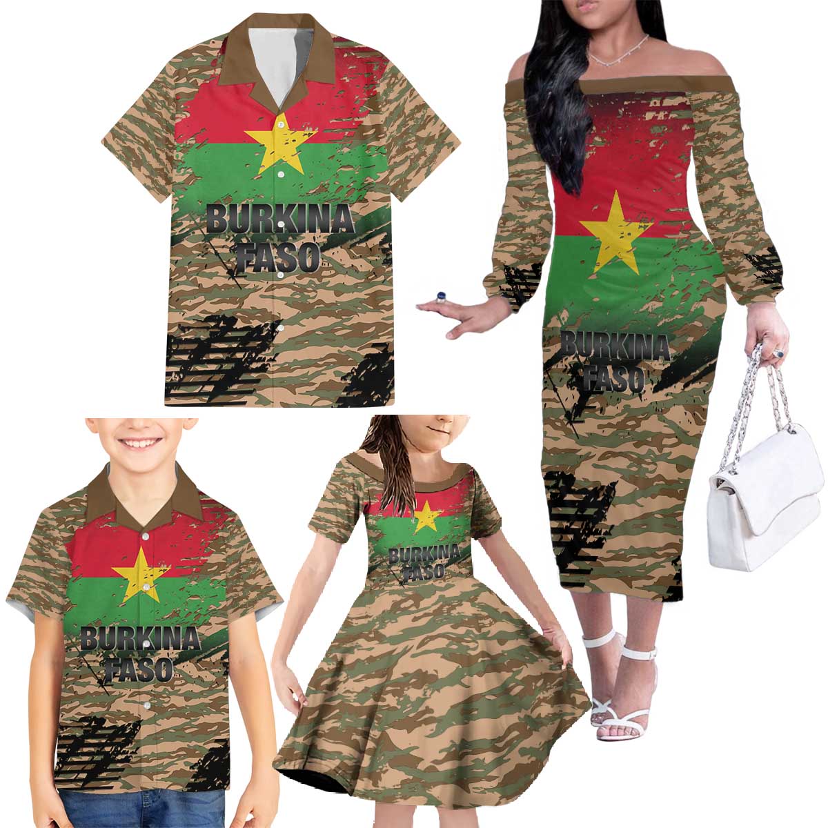 Burkina Faso Military Family Matching Off The Shoulder Long Sleeve Dress and Hawaiian Shirt Bravo Caption Traore! Viva Burkina Faso Nation!