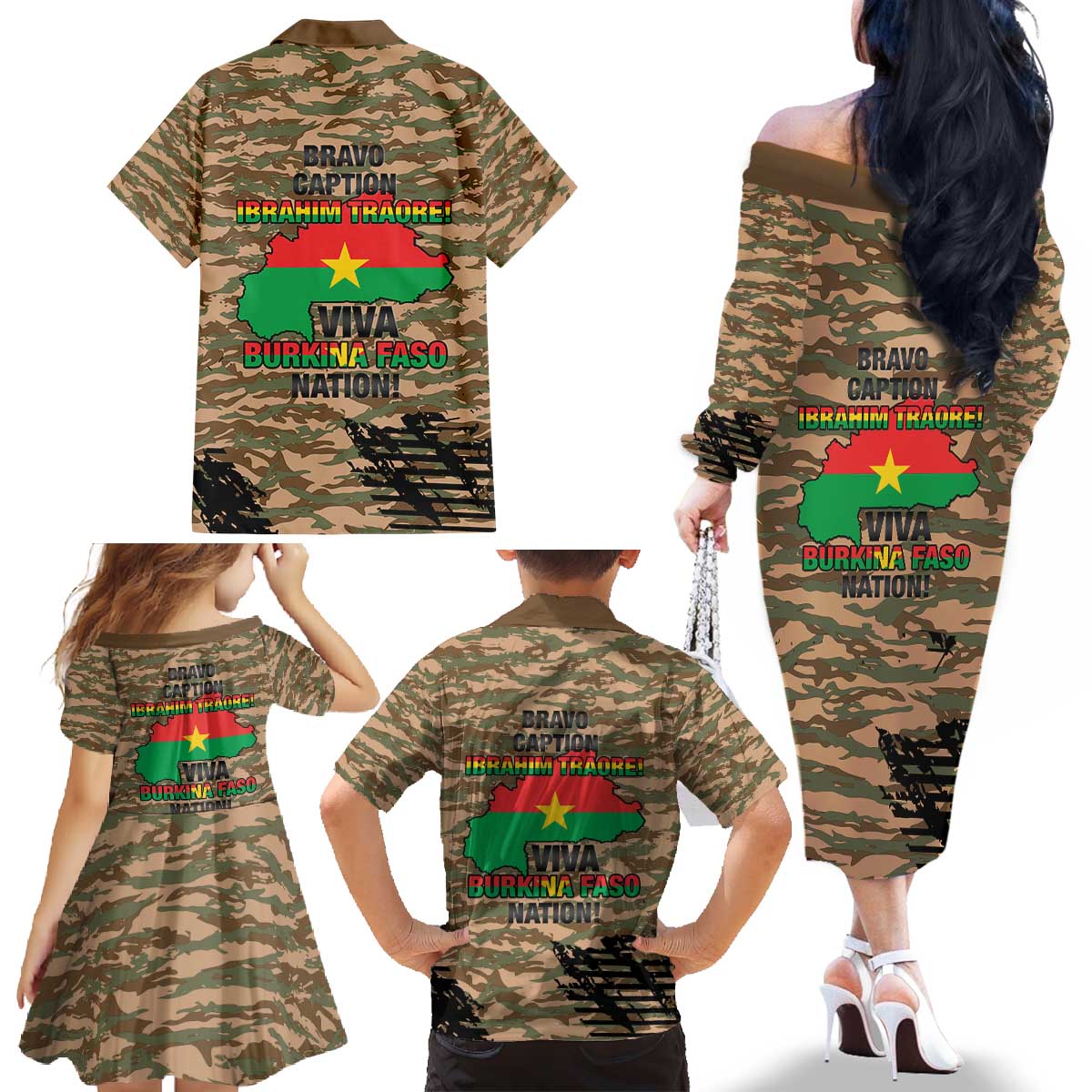 Burkina Faso Military Family Matching Off The Shoulder Long Sleeve Dress and Hawaiian Shirt Bravo Caption Traore! Viva Burkina Faso Nation!