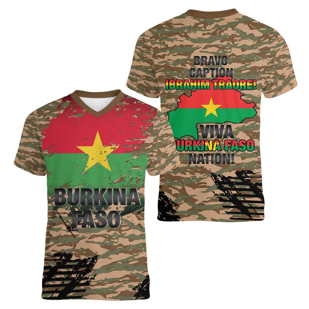 Burkina Faso Military Women V-Neck T-Shirt Bravo Caption Traore! Viva Burkina Faso Nation!