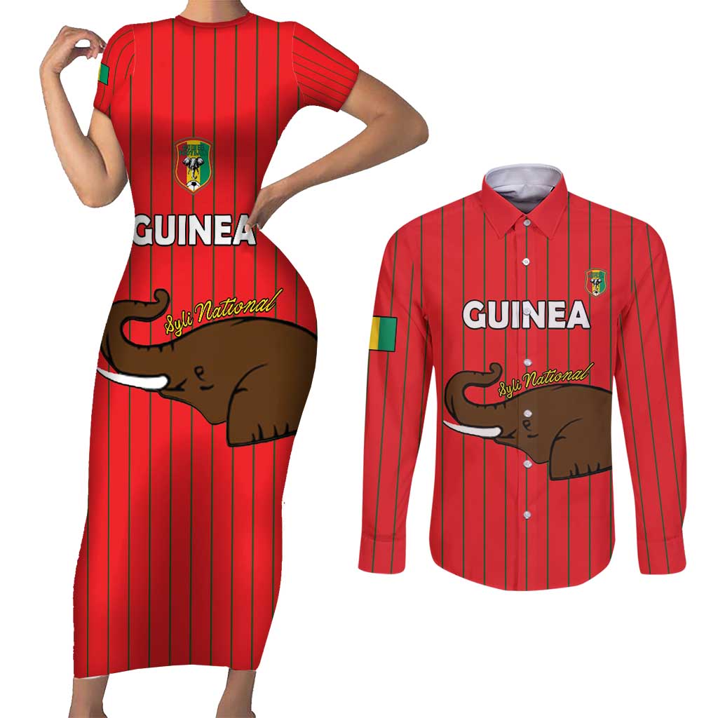 Custom Guinea Football Couples Matching Short Sleeve Bodycon Dress and Long Sleeve Button Shirt Allez Syli National - Wonder Print Shop