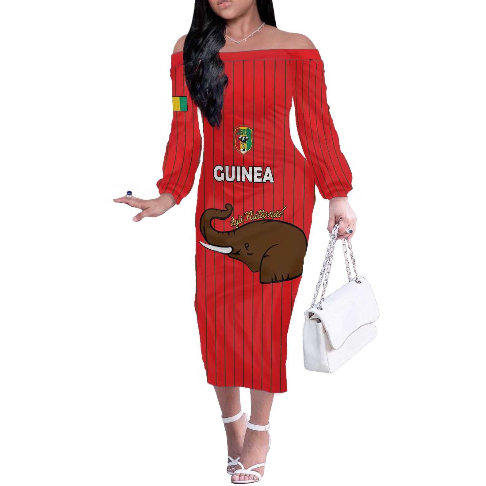 Custom Guinea Football Off The Shoulder Long Sleeve Dress Allez Syli National - Wonder Print Shop