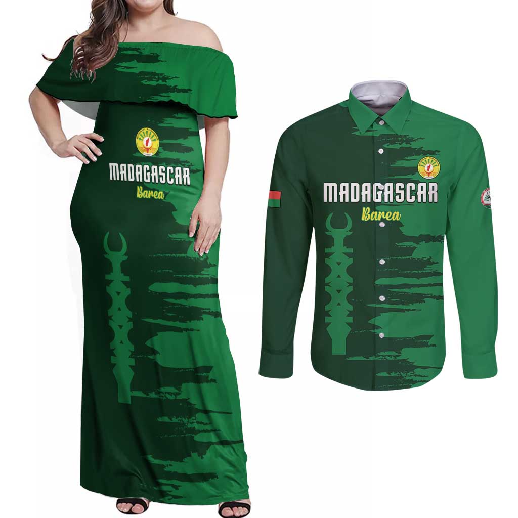 Custom Madagascar Football Couples Matching Off Shoulder Maxi Dress and Long Sleeve Button Shirt Go Barea - Wonder Print Shop