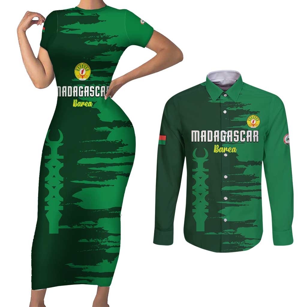 Custom Madagascar Football Couples Matching Short Sleeve Bodycon Dress and Long Sleeve Button Shirt Go Barea - Wonder Print Shop