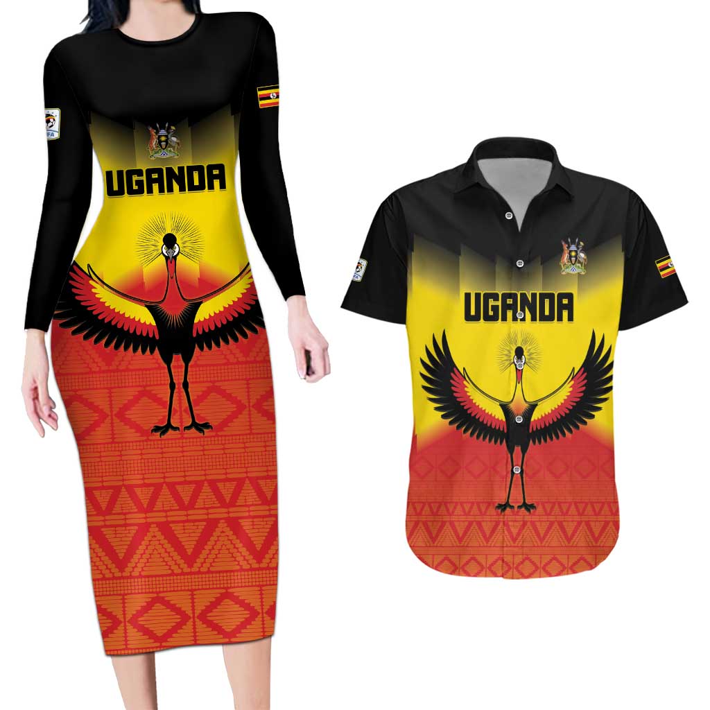 Custom Uganda Football Couples Matching Long Sleeve Bodycon Dress and Hawaiian Shirt Go Cranes Go - Wonder Print Shop