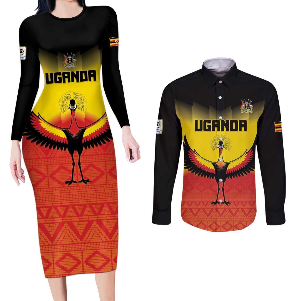 Custom Uganda Football Couples Matching Long Sleeve Bodycon Dress and Long Sleeve Button Shirt Go Cranes Go - Wonder Print Shop