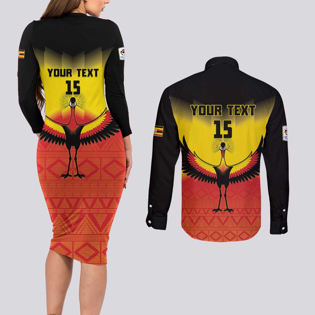 Custom Uganda Football Couples Matching Long Sleeve Bodycon Dress and Long Sleeve Button Shirt Go Cranes Go - Wonder Print Shop