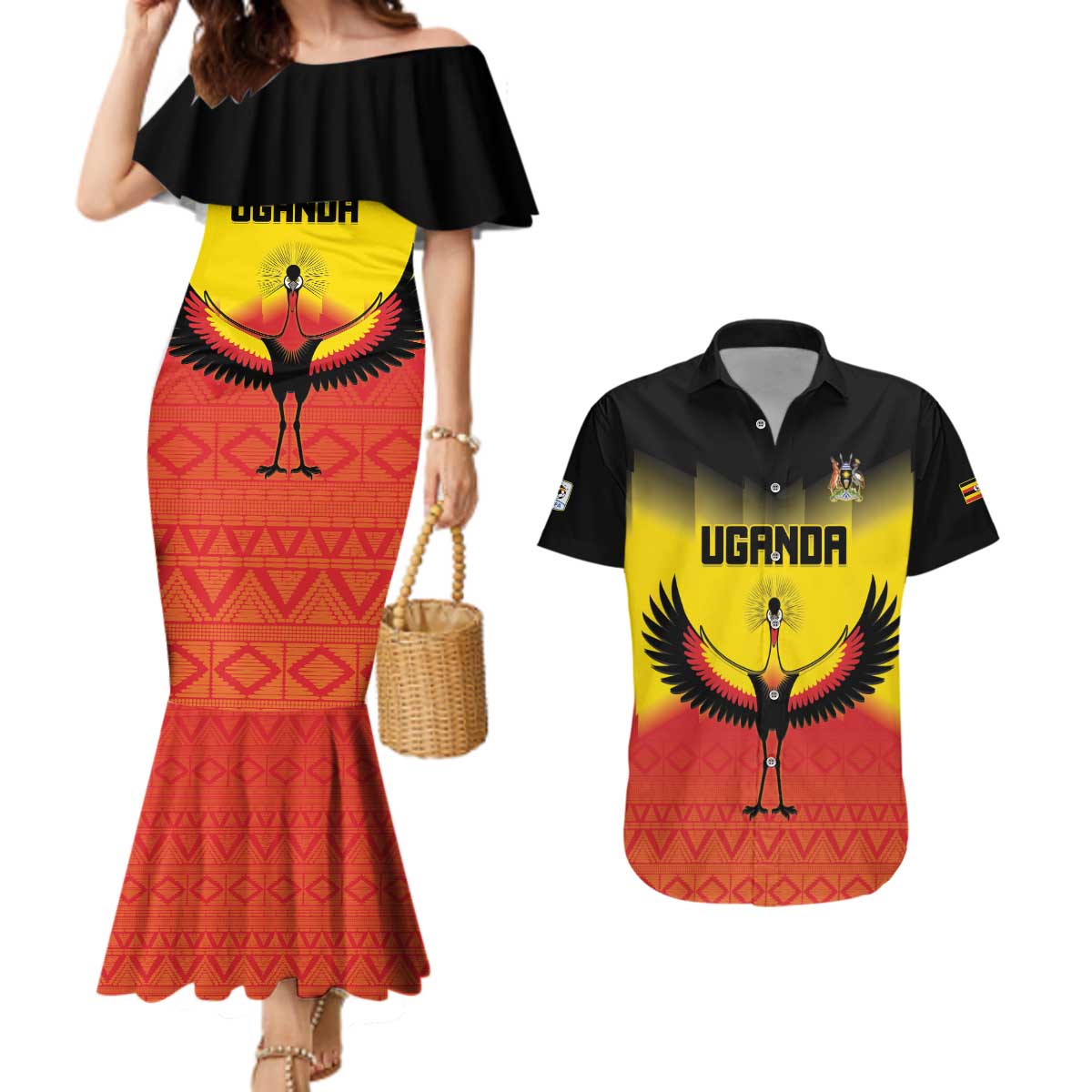 Custom Uganda Football Couples Matching Mermaid Dress and Hawaiian Shirt Go Cranes Go - Wonder Print Shop