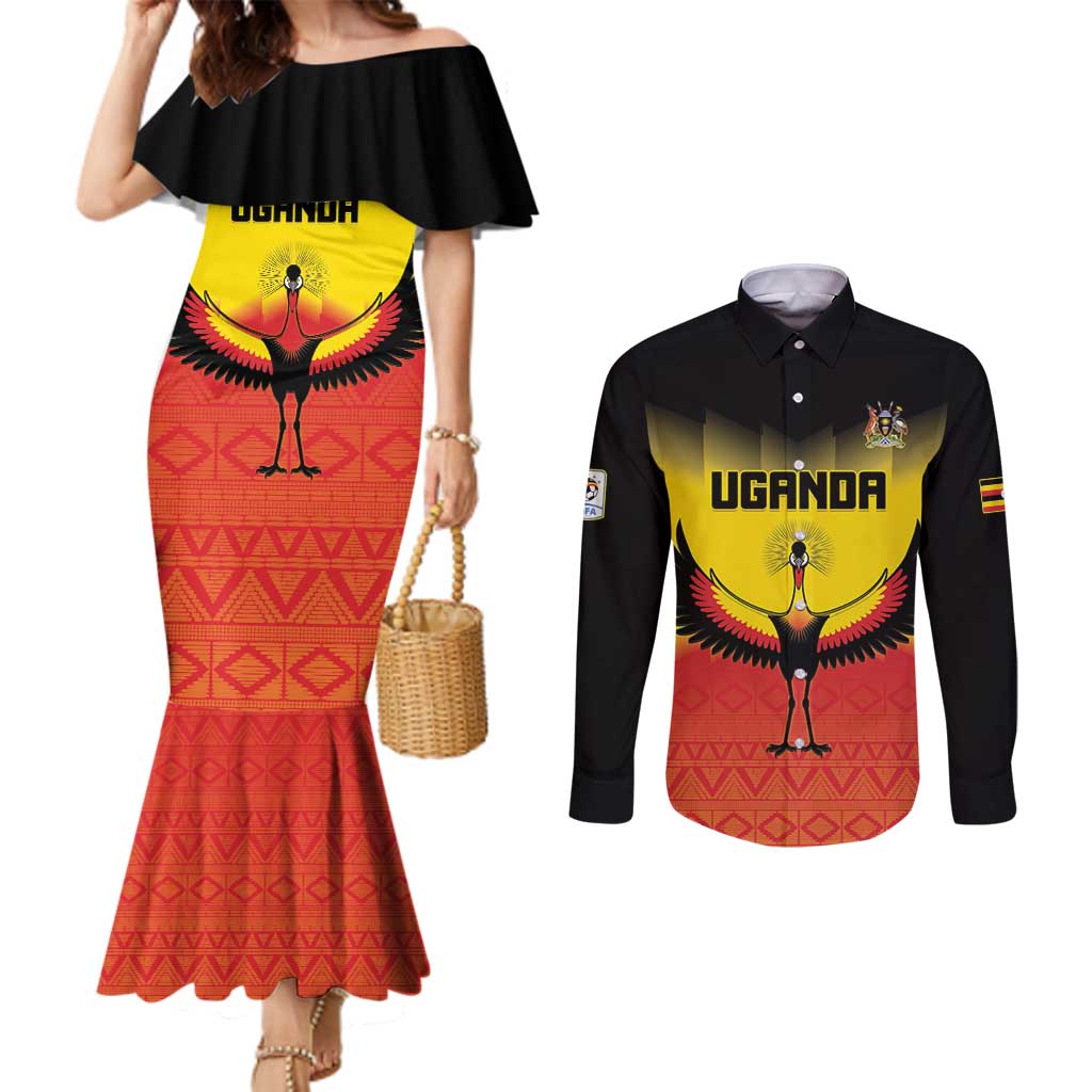 Custom Uganda Football Couples Matching Mermaid Dress and Long Sleeve Button Shirt Go Cranes Go - Wonder Print Shop