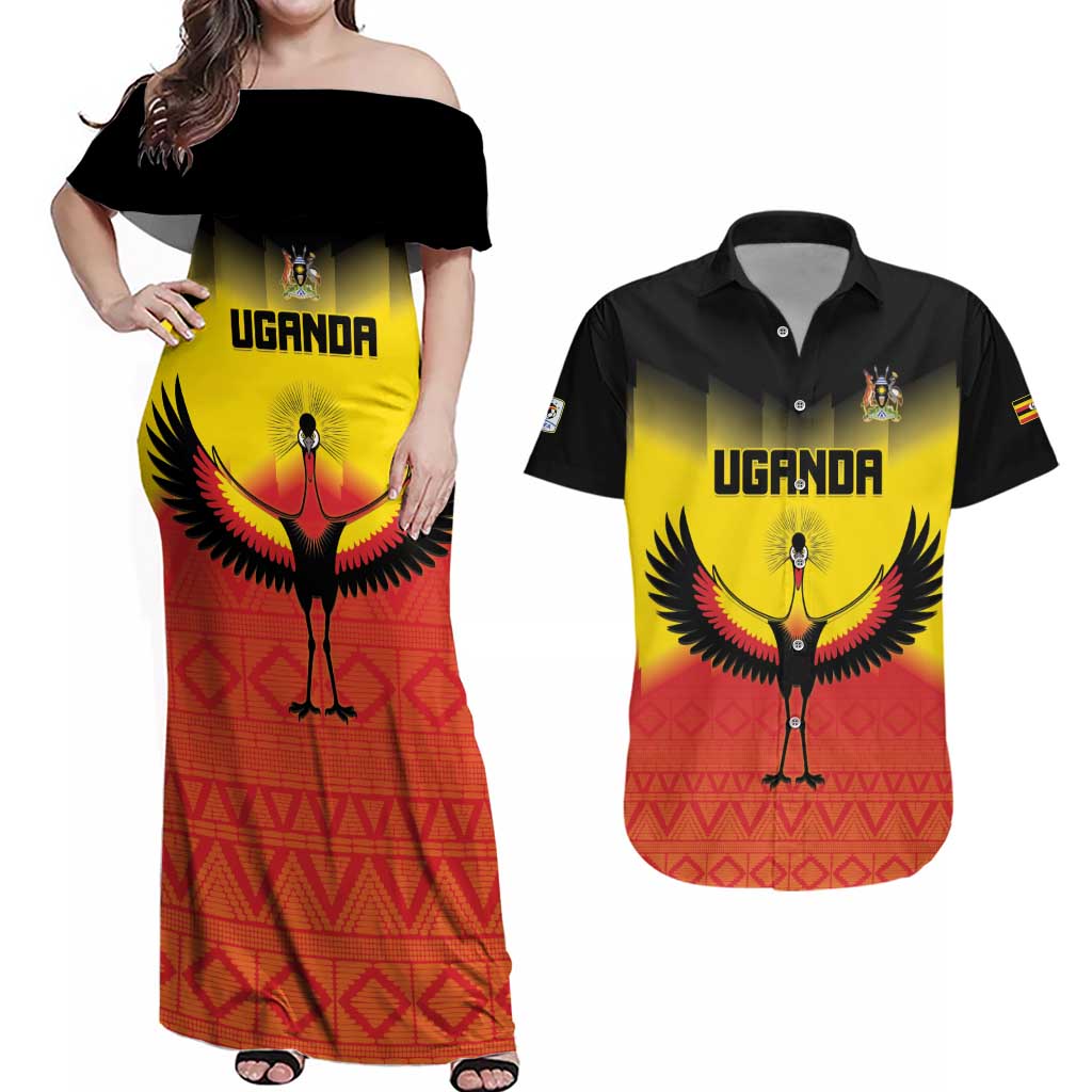 Custom Uganda Football Couples Matching Off Shoulder Maxi Dress and Hawaiian Shirt Go Cranes Go - Wonder Print Shop