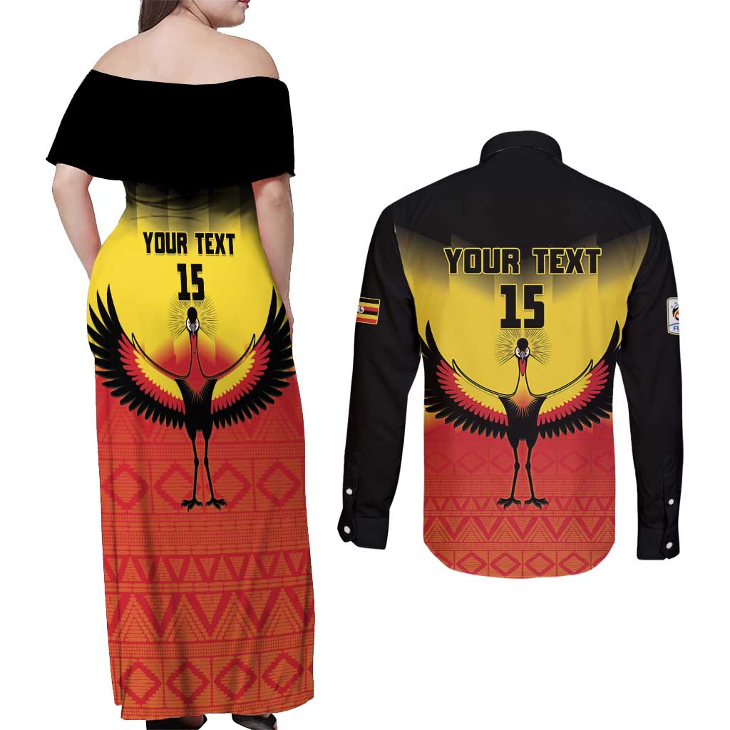 Custom Uganda Football Couples Matching Off Shoulder Maxi Dress and Long Sleeve Button Shirt Go Cranes Go - Wonder Print Shop