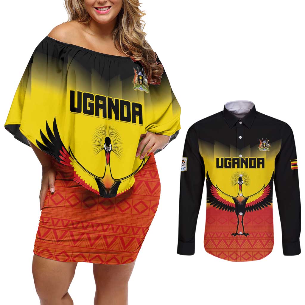 Custom Uganda Football Couples Matching Off Shoulder Short Dress and Long Sleeve Button Shirt Go Cranes Go - Wonder Print Shop