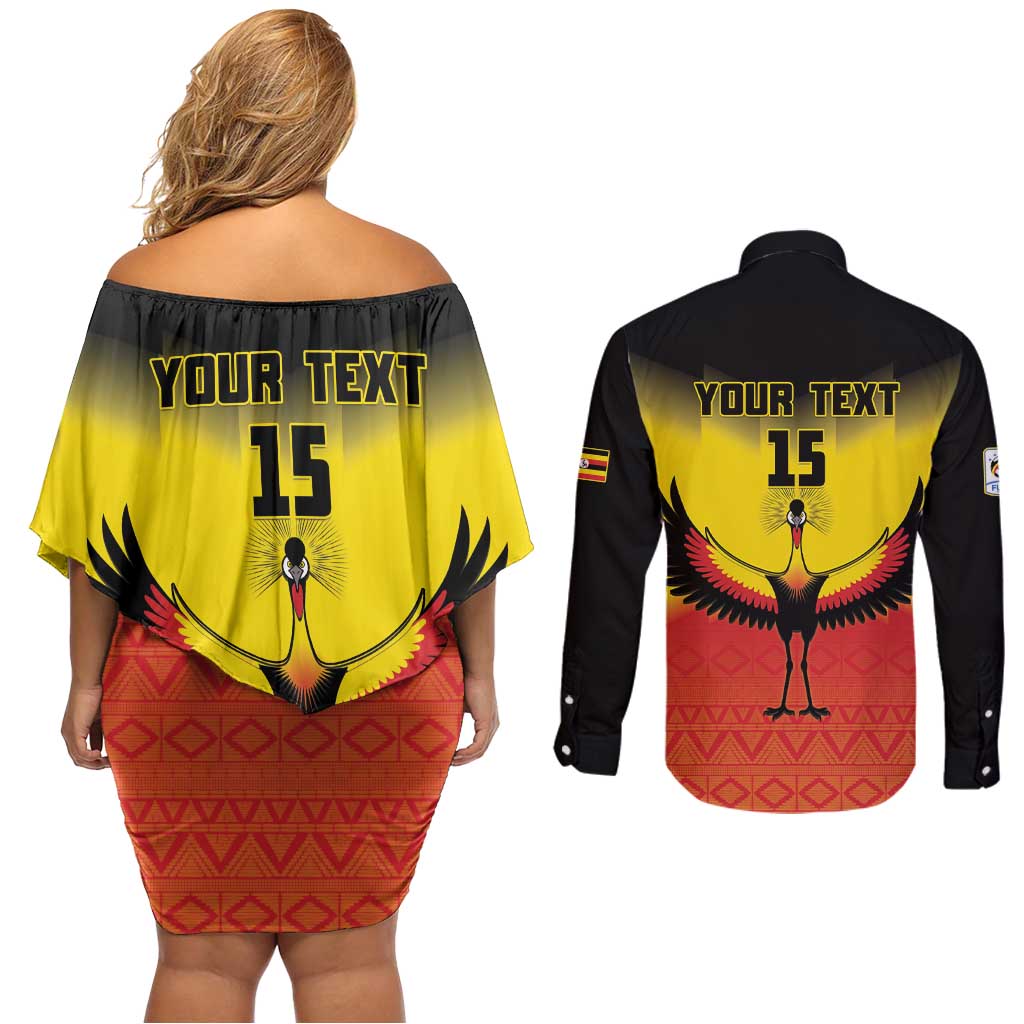Custom Uganda Football Couples Matching Off Shoulder Short Dress and Long Sleeve Button Shirt Go Cranes Go - Wonder Print Shop