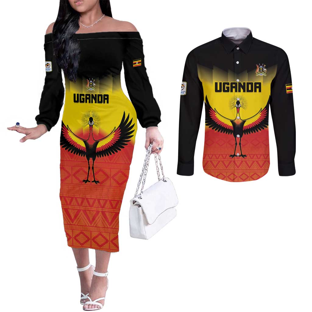 Custom Uganda Football Couples Matching Off The Shoulder Long Sleeve Dress and Long Sleeve Button Shirt Go Cranes Go - Wonder Print Shop