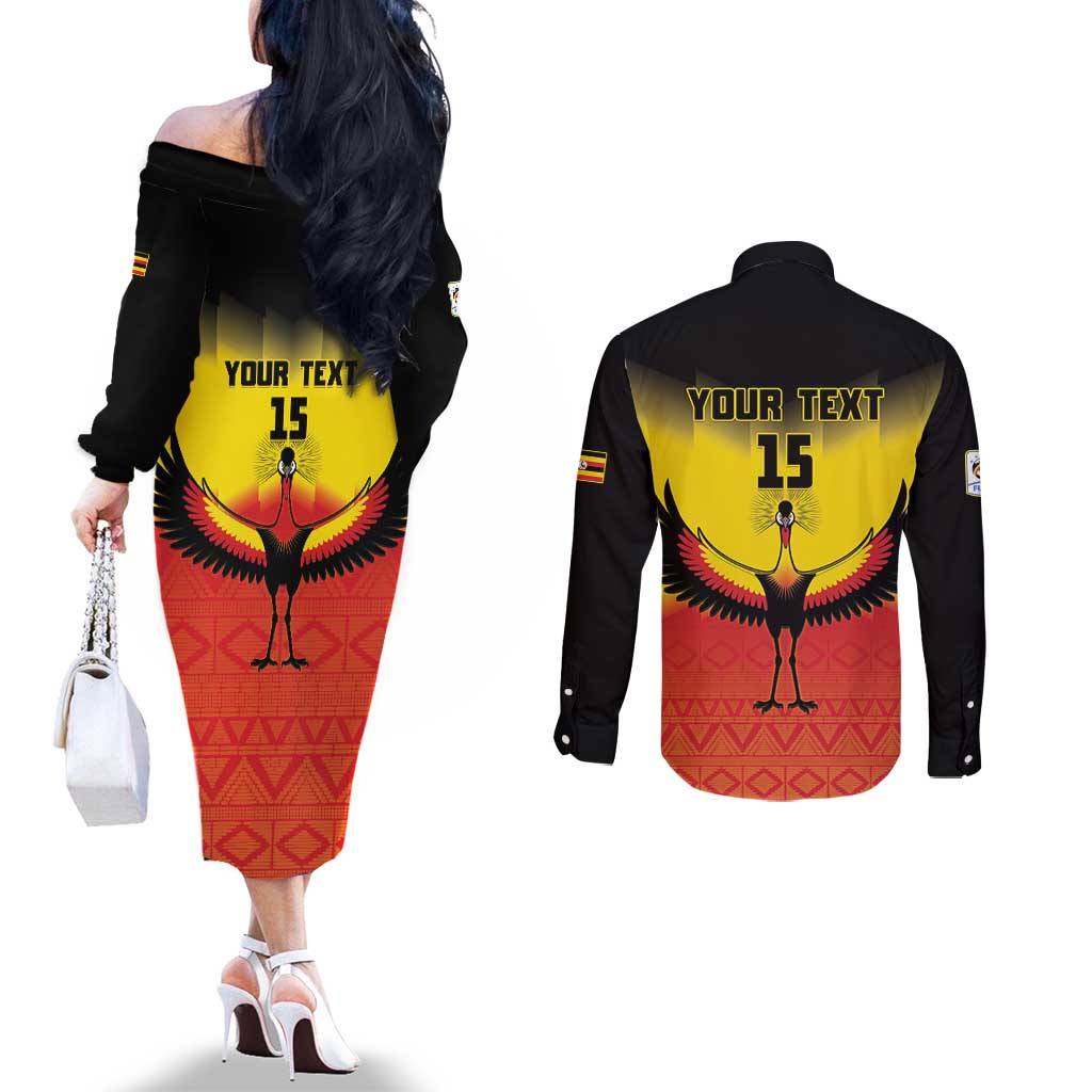 Custom Uganda Football Couples Matching Off The Shoulder Long Sleeve Dress and Long Sleeve Button Shirt Go Cranes Go - Wonder Print Shop