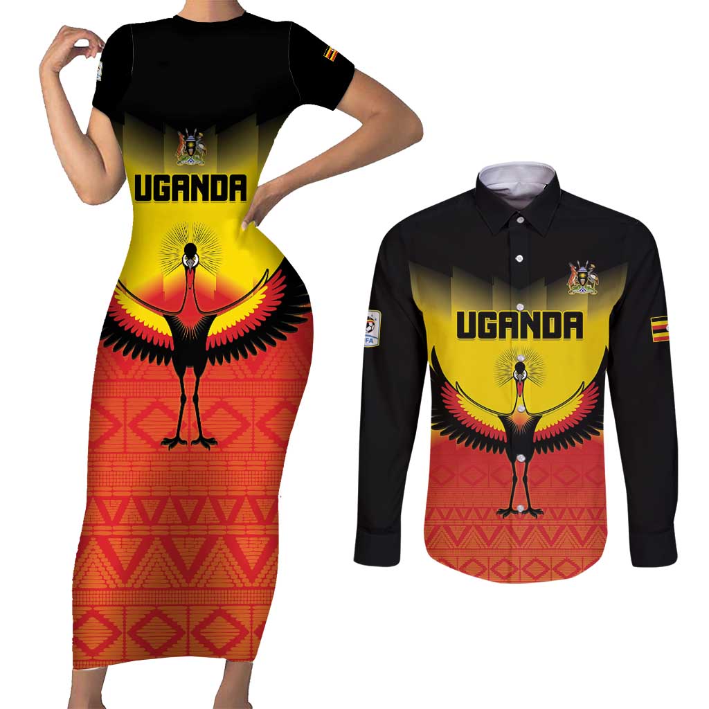 Custom Uganda Football Couples Matching Short Sleeve Bodycon Dress and Long Sleeve Button Shirt Go Cranes Go - Wonder Print Shop