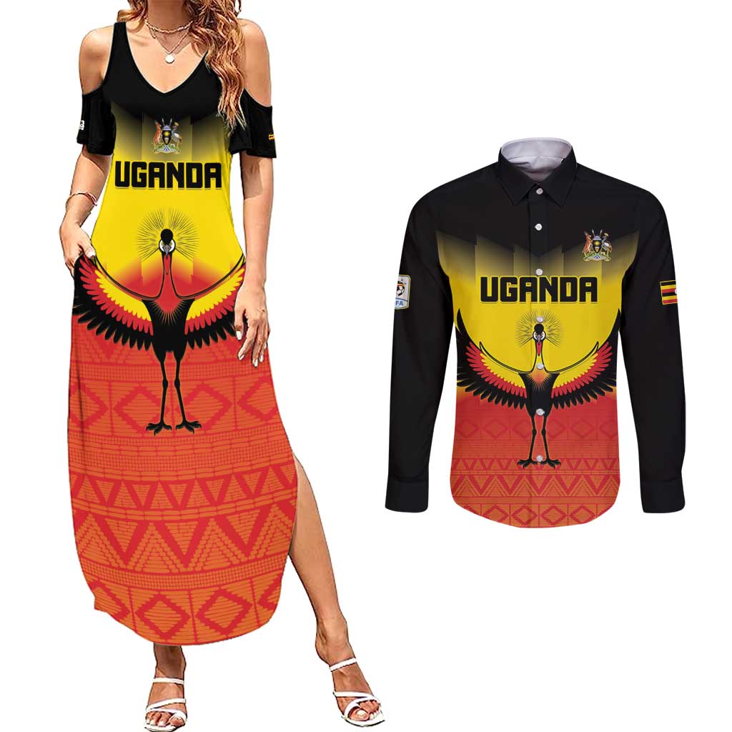 Custom Uganda Football Couples Matching Summer Maxi Dress and Long Sleeve Button Shirt Go Cranes Go - Wonder Print Shop