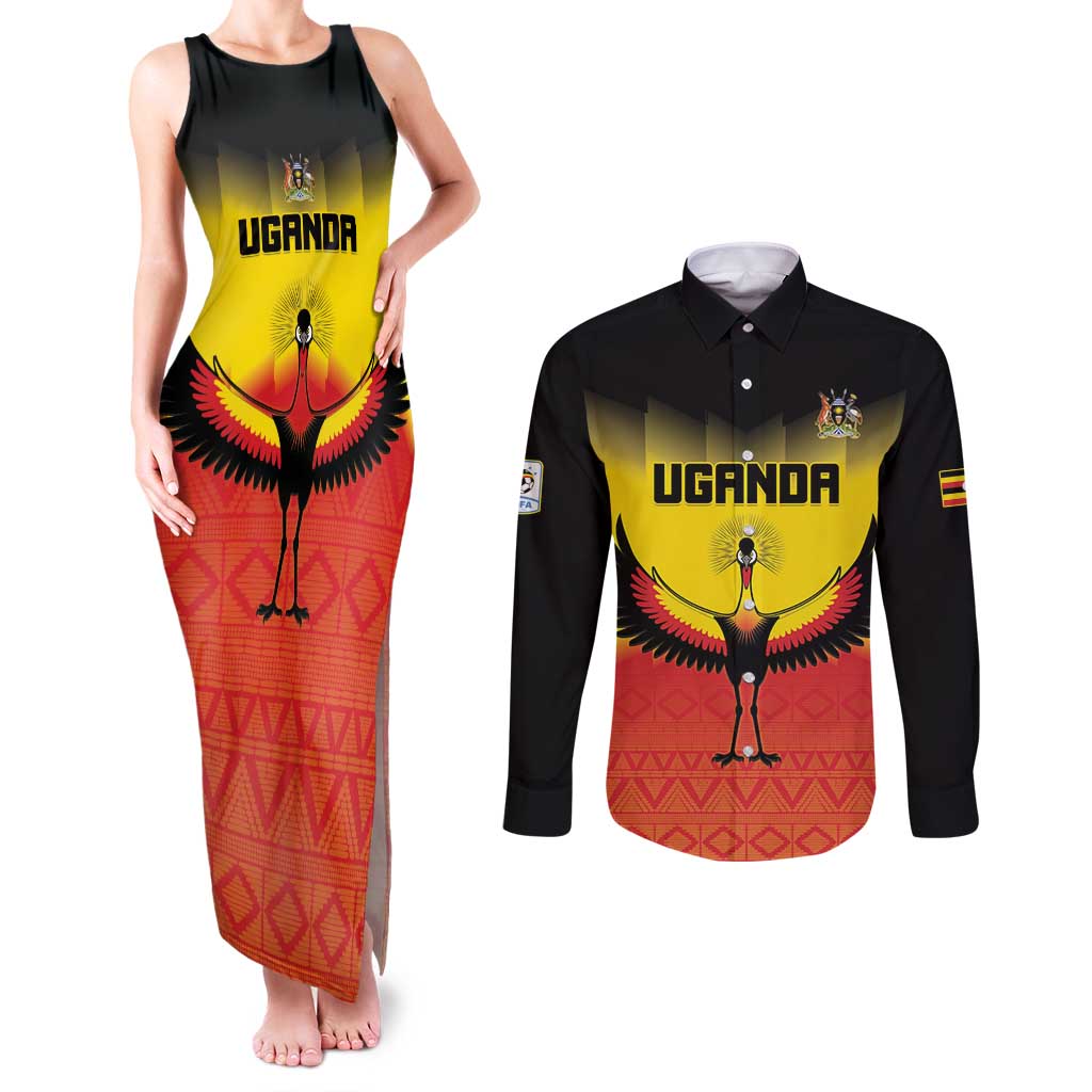 Custom Uganda Football Couples Matching Tank Maxi Dress and Long Sleeve Button Shirt Go Cranes Go - Wonder Print Shop