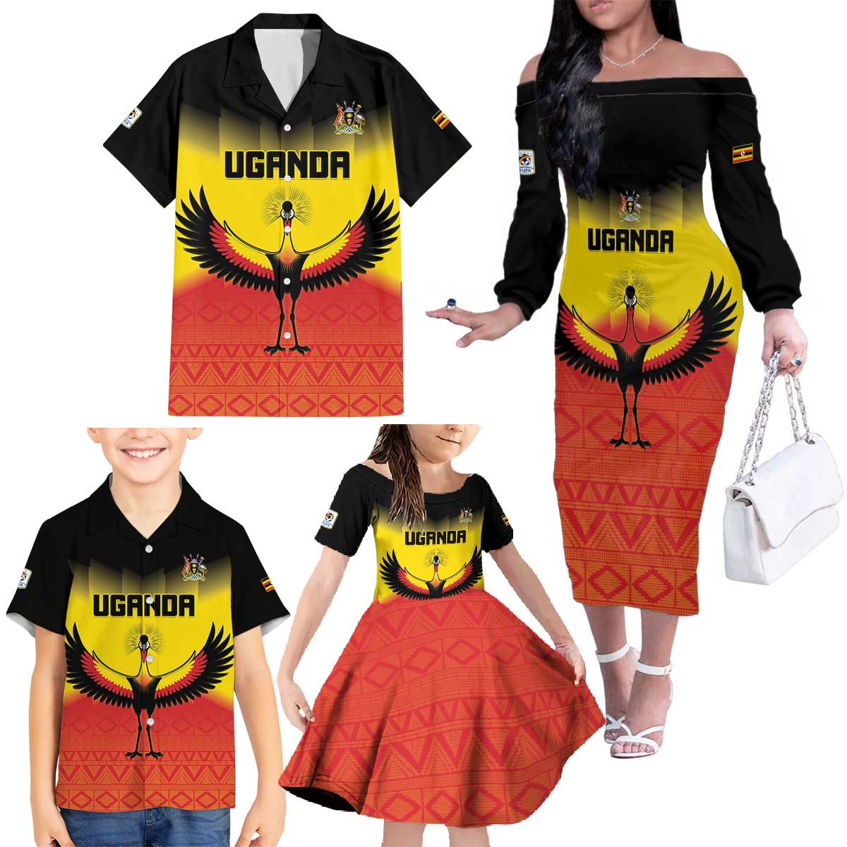 Custom Uganda Football Family Matching Off The Shoulder Long Sleeve Dress and Hawaiian Shirt Go Cranes Go - Wonder Print Shop