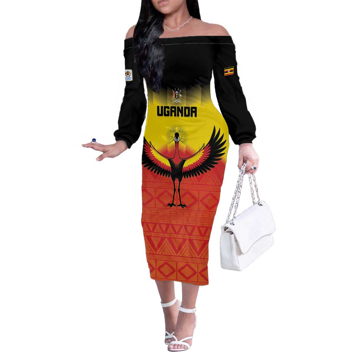 Custom Uganda Football Family Matching Off The Shoulder Long Sleeve Dress and Hawaiian Shirt Go Cranes Go - Wonder Print Shop