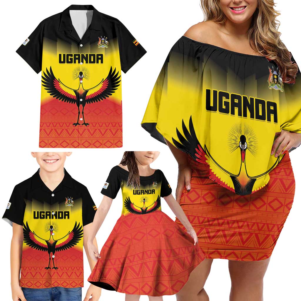Custom Uganda Football Family Matching Off Shoulder Short Dress and Hawaiian Shirt Go Cranes Go - Wonder Print Shop