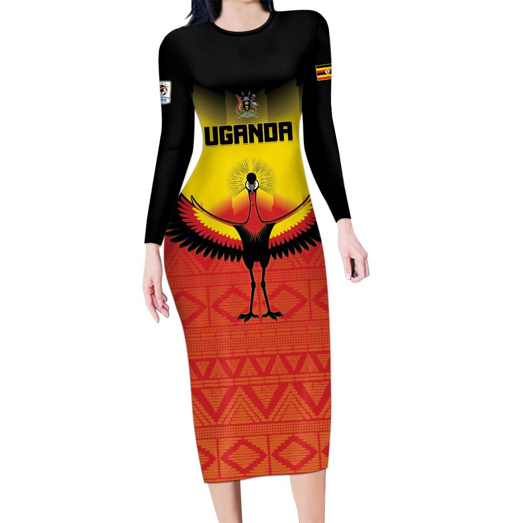 Custom Uganda Football Long Sleeve Bodycon Dress Go Cranes Go - Wonder Print Shop