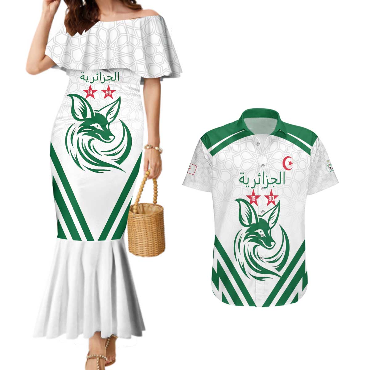 Custom Algeria Football Couples Matching Mermaid Dress and Hawaiian Shirt Go Fennecs Go - Wonder Print Shop