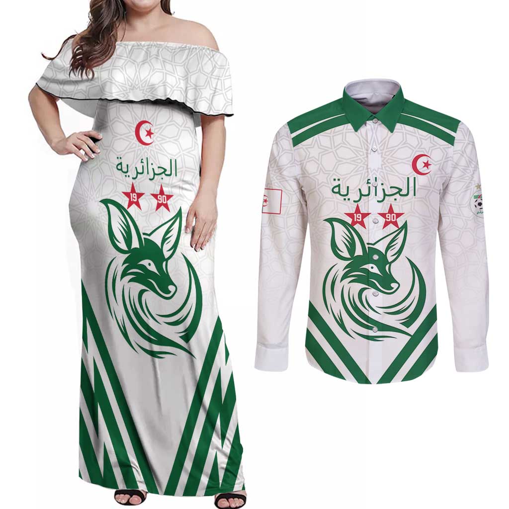 Custom Algeria Football Couples Matching Off Shoulder Maxi Dress and Long Sleeve Button Shirt Go Fennecs Go - Wonder Print Shop