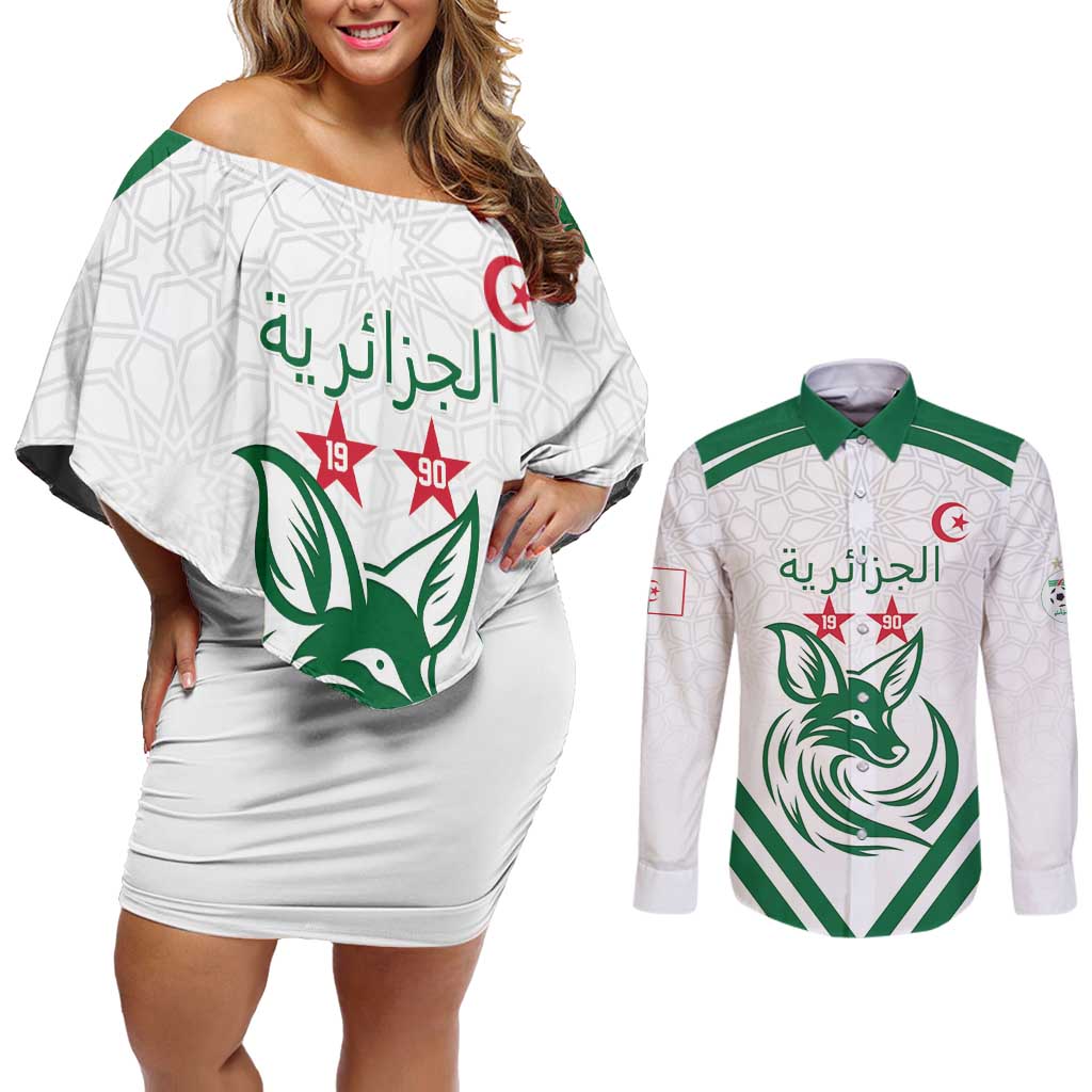 Custom Algeria Football Couples Matching Off Shoulder Short Dress and Long Sleeve Button Shirt Go Fennecs Go - Wonder Print Shop