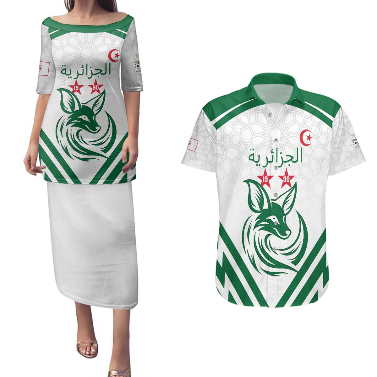 Custom Algeria Football Couples Matching Puletasi and Hawaiian Shirt Go Fennecs Go - Wonder Print Shop