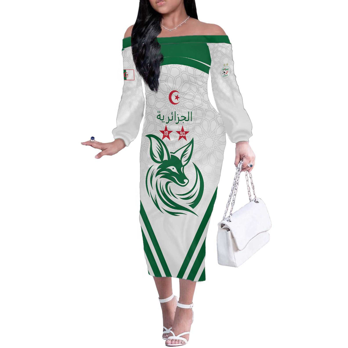 Custom Algeria Football Off The Shoulder Long Sleeve Dress Go Fennecs Go - Wonder Print Shop