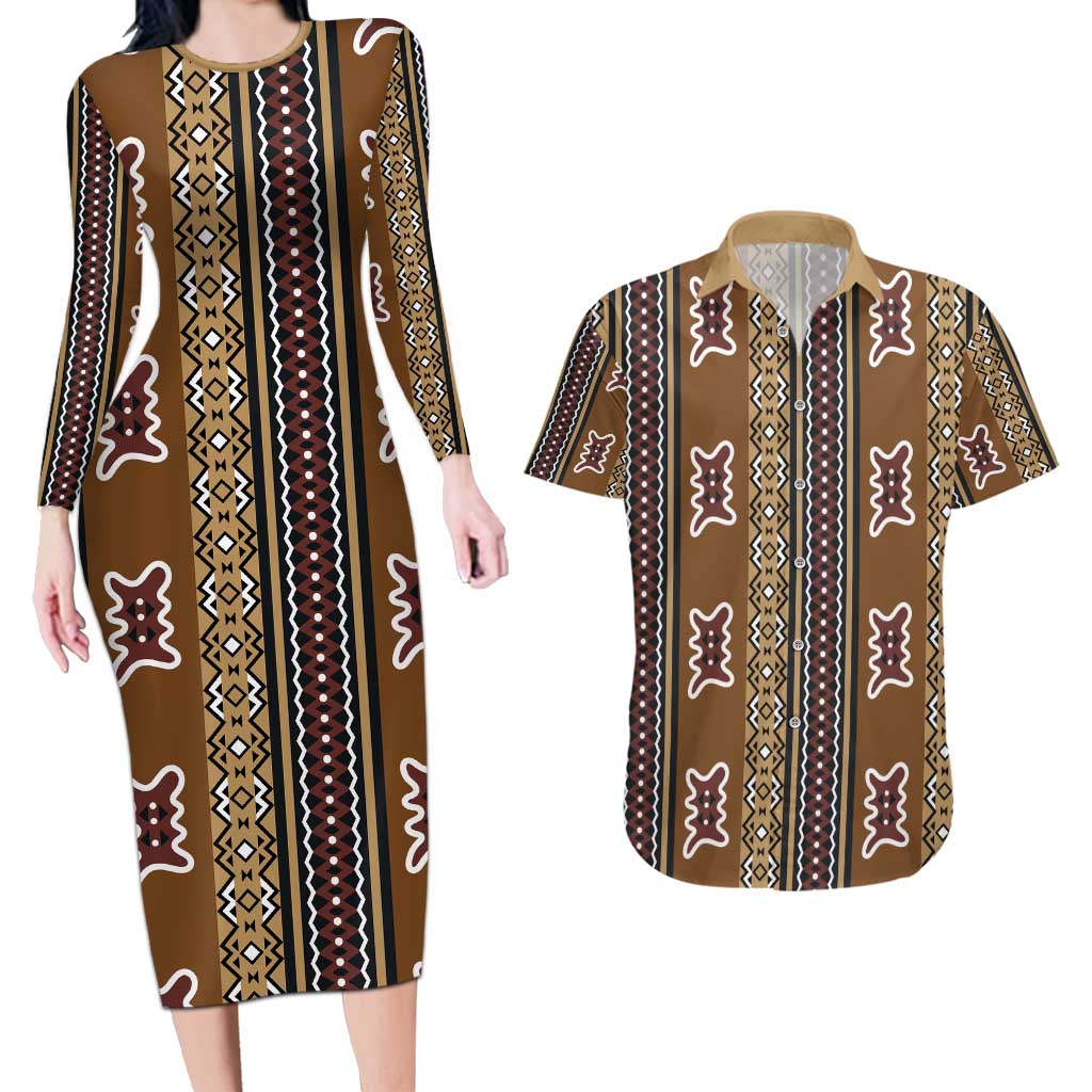 Mali Bologan Mud Cloth Pattern Couples Matching Long Sleeve Bodycon Dress and Hawaiian Shirt - Wonder Print Shop