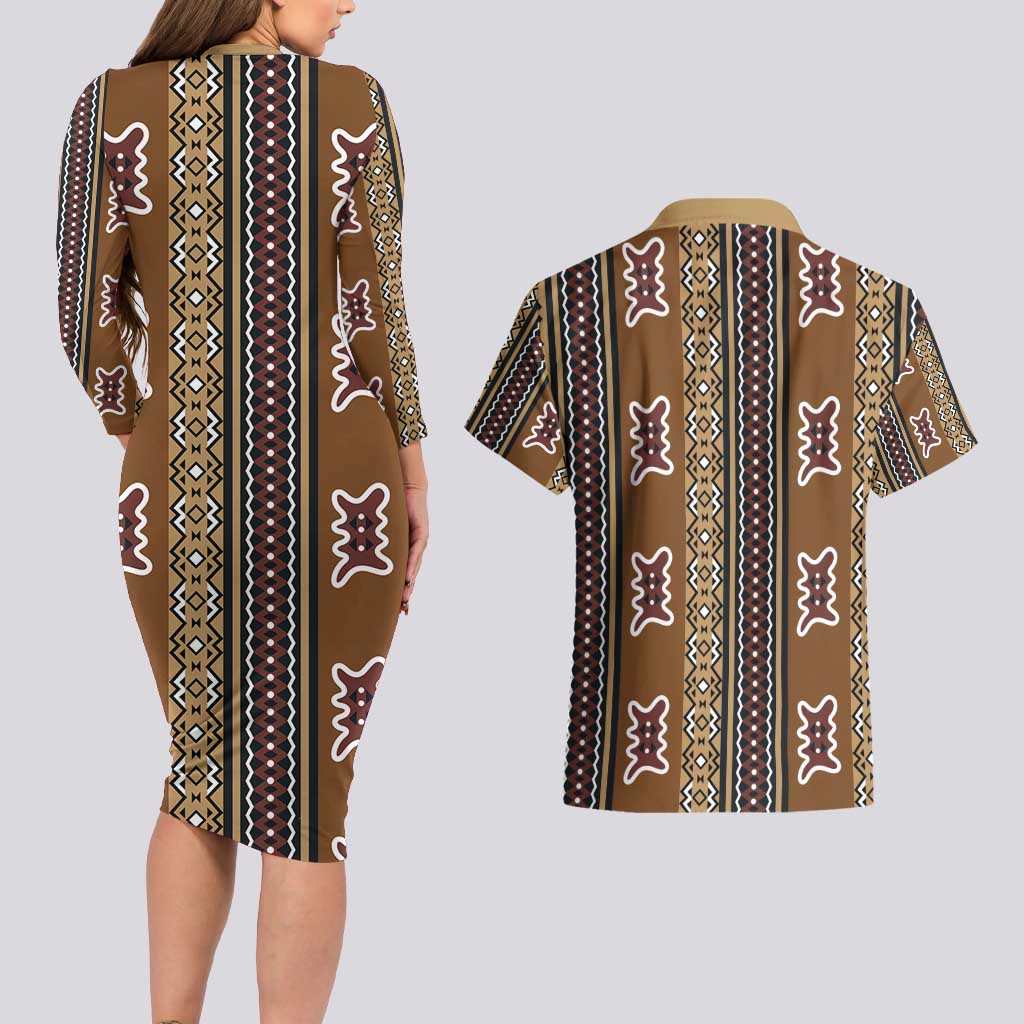 Mali Bologan Mud Cloth Pattern Couples Matching Long Sleeve Bodycon Dress and Hawaiian Shirt - Wonder Print Shop