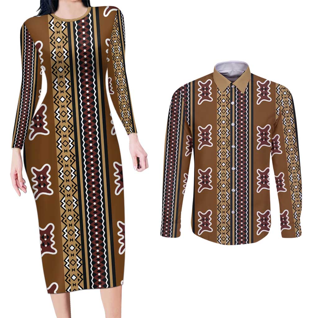 Mali Bologan Mud Cloth Pattern Couples Matching Long Sleeve Bodycon Dress and Long Sleeve Button Shirt - Wonder Print Shop