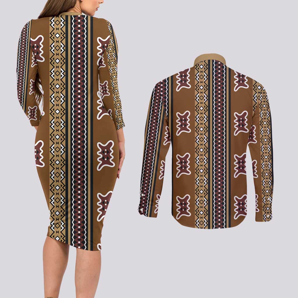 Mali Bologan Mud Cloth Pattern Couples Matching Long Sleeve Bodycon Dress and Long Sleeve Button Shirt - Wonder Print Shop