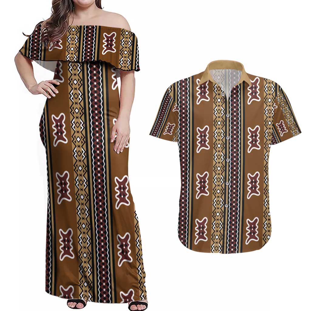 Mali Bologan Mud Cloth Pattern Couples Matching Off Shoulder Maxi Dress and Hawaiian Shirt - Wonder Print Shop
