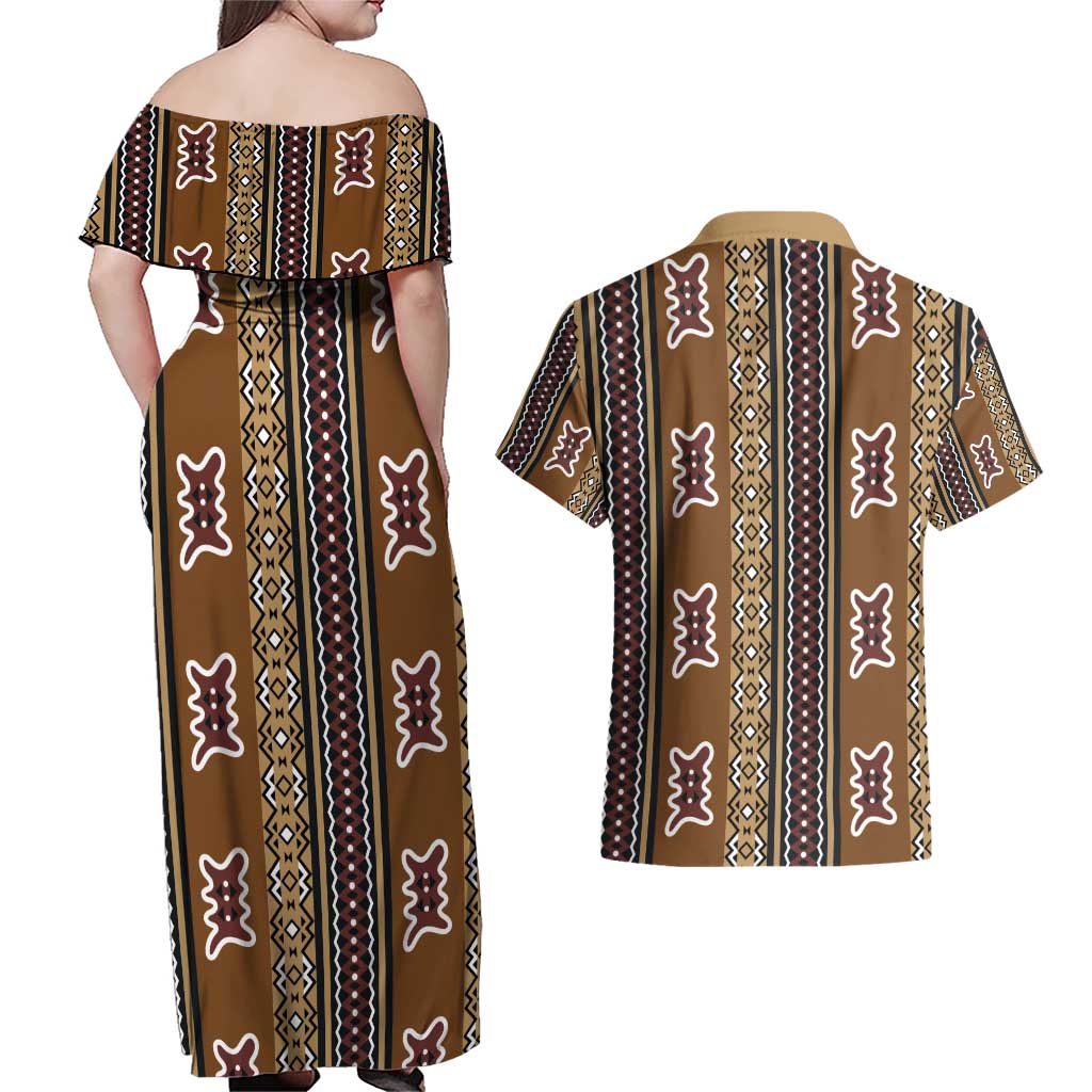 Mali Bologan Mud Cloth Pattern Couples Matching Off Shoulder Maxi Dress and Hawaiian Shirt - Wonder Print Shop