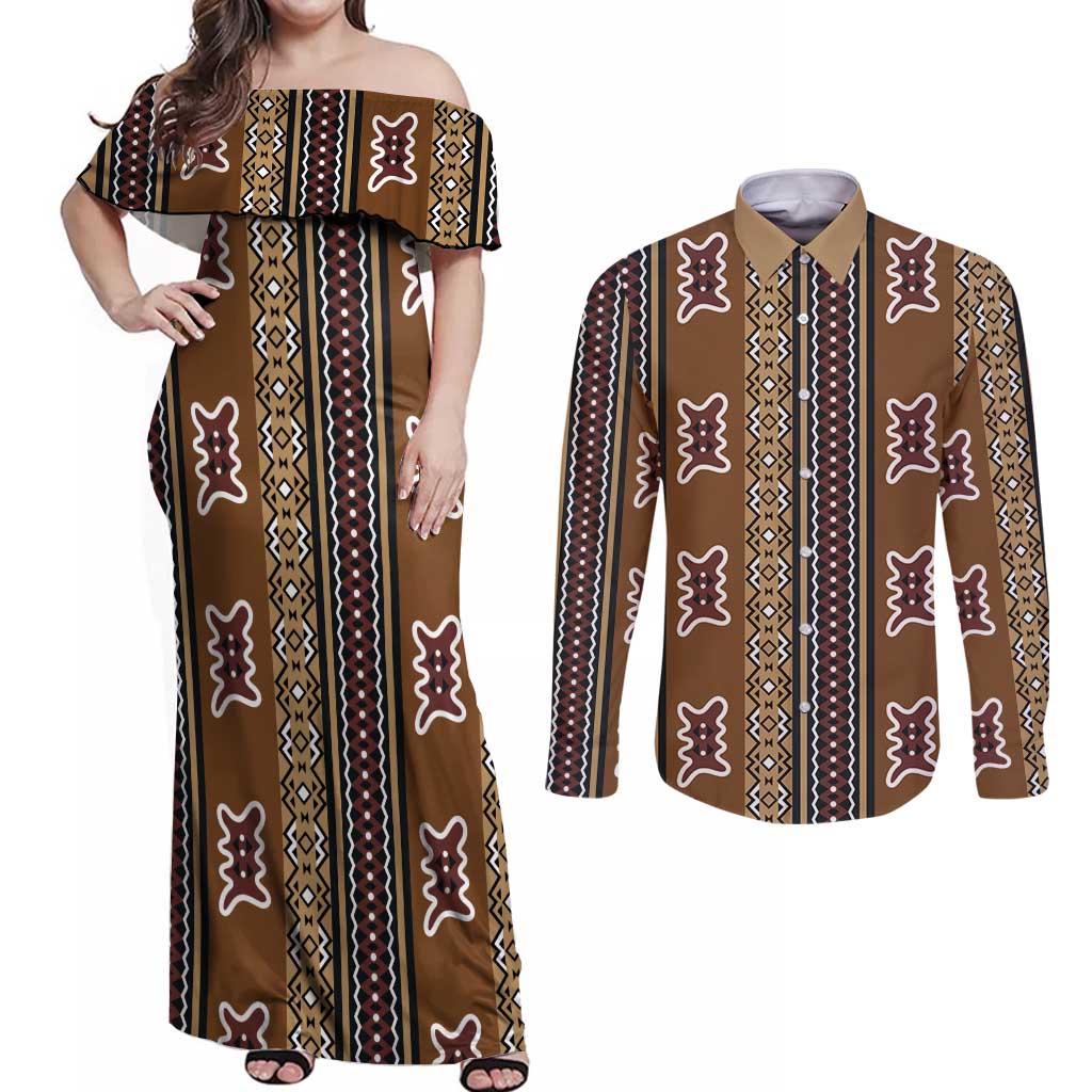Mali Bologan Mud Cloth Pattern Couples Matching Off Shoulder Maxi Dress and Long Sleeve Button Shirt - Wonder Print Shop