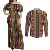 Mali Bologan Mud Cloth Pattern Couples Matching Off Shoulder Maxi Dress and Long Sleeve Button Shirt - Wonder Print Shop