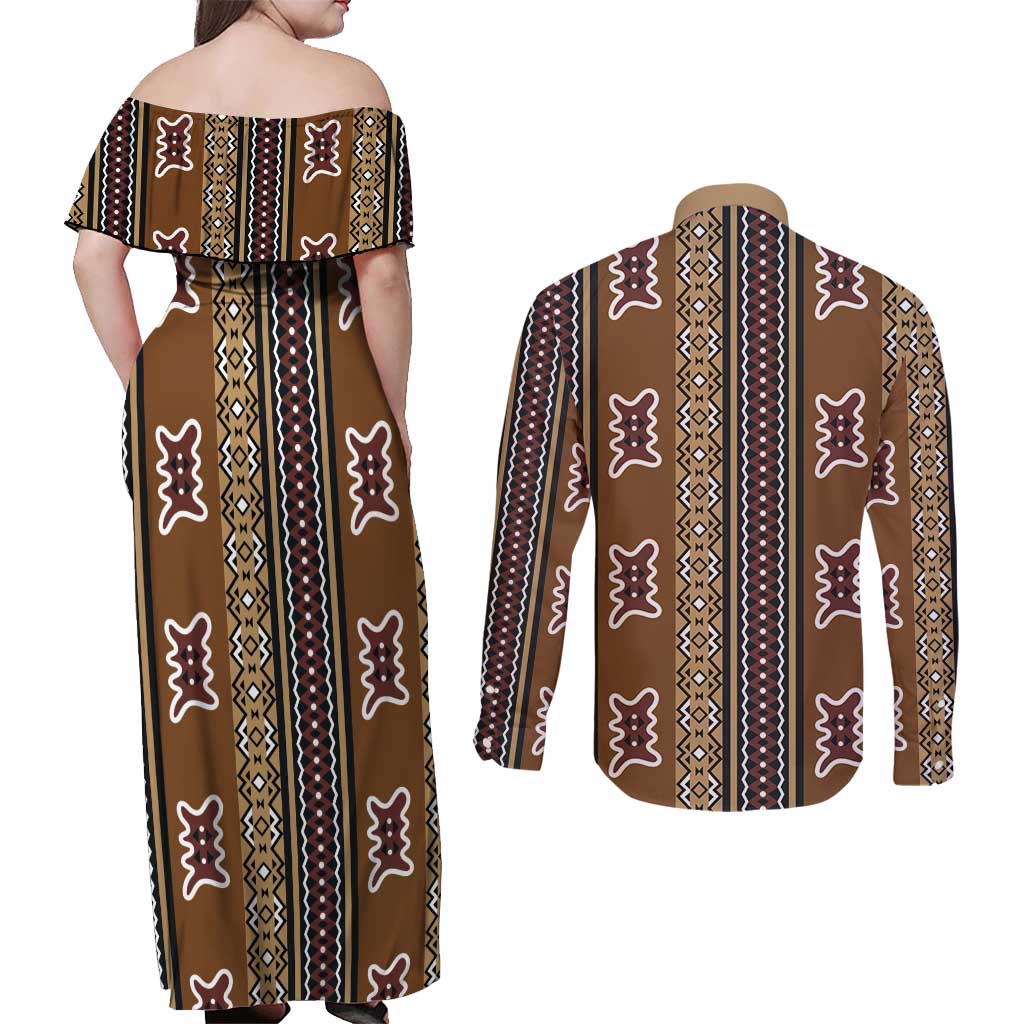 Mali Bologan Mud Cloth Pattern Couples Matching Off Shoulder Maxi Dress and Long Sleeve Button Shirt - Wonder Print Shop