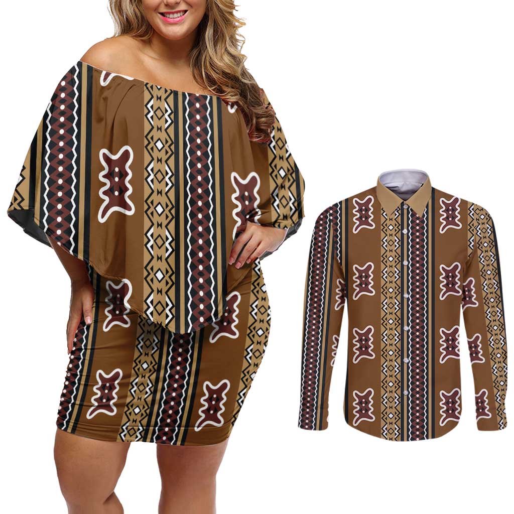 Mali Bologan Mud Cloth Pattern Couples Matching Off Shoulder Short Dress and Long Sleeve Button Shirt - Wonder Print Shop