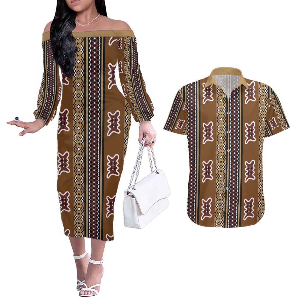 Mali Bologan Mud Cloth Pattern Couples Matching Off The Shoulder Long Sleeve Dress and Hawaiian Shirt - Wonder Print Shop