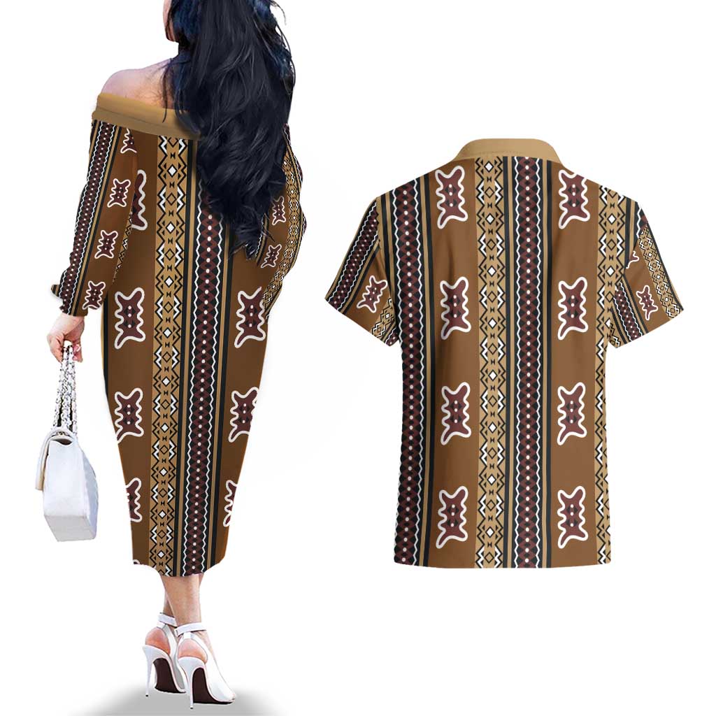 Mali Bologan Mud Cloth Pattern Couples Matching Off The Shoulder Long Sleeve Dress and Hawaiian Shirt - Wonder Print Shop