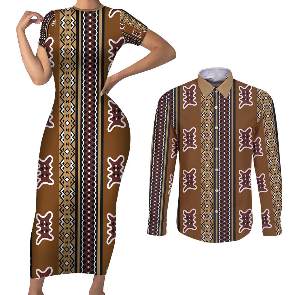 Mali Bologan Mud Cloth Pattern Couples Matching Short Sleeve Bodycon Dress and Long Sleeve Button Shirt - Wonder Print Shop