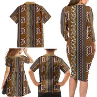 Mali Bologan Mud Cloth Pattern Family Matching Long Sleeve Bodycon Dress and Hawaiian Shirt - Wonder Print Shop