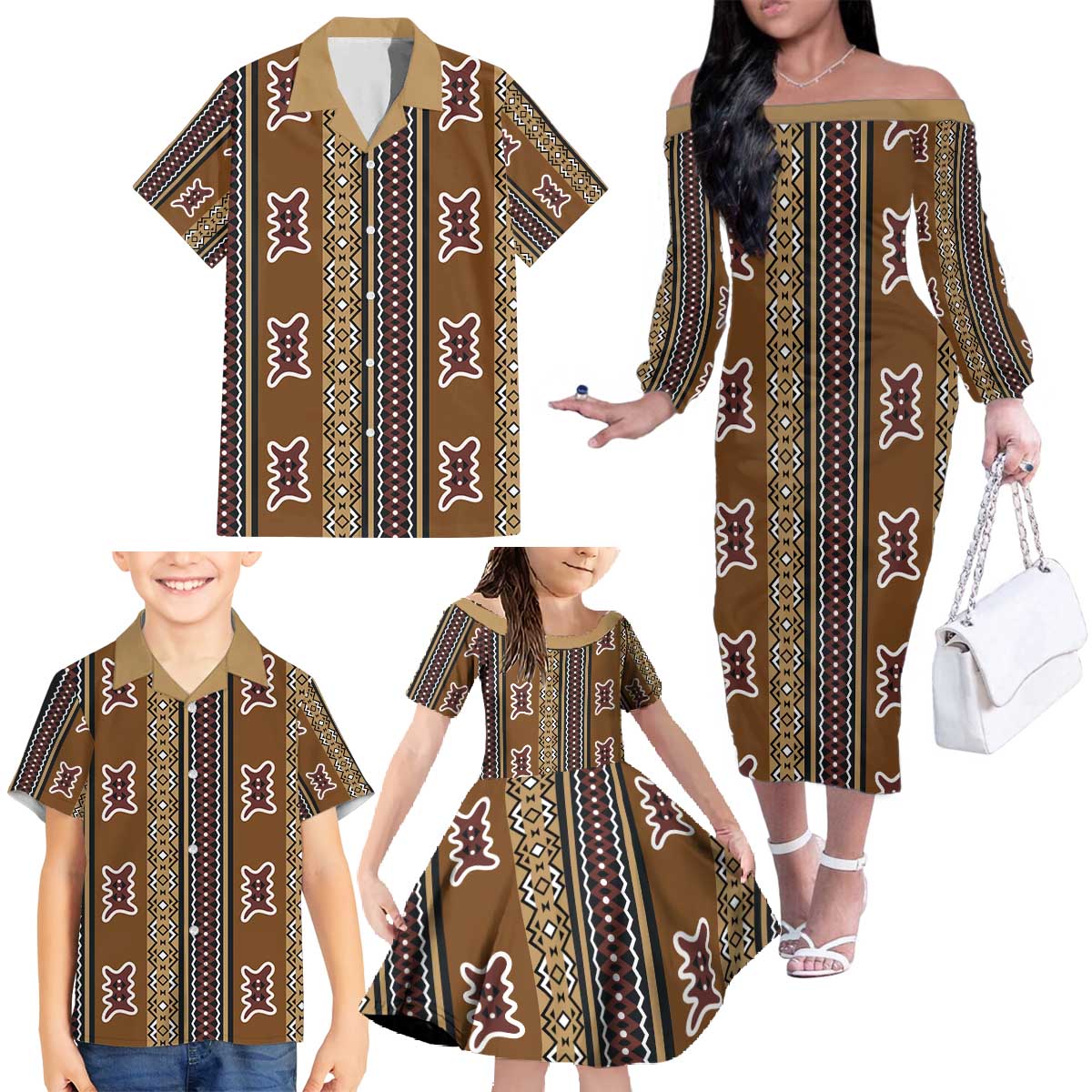 Mali Bologan Mud Cloth Pattern Family Matching Off The Shoulder Long Sleeve Dress and Hawaiian Shirt - Wonder Print Shop