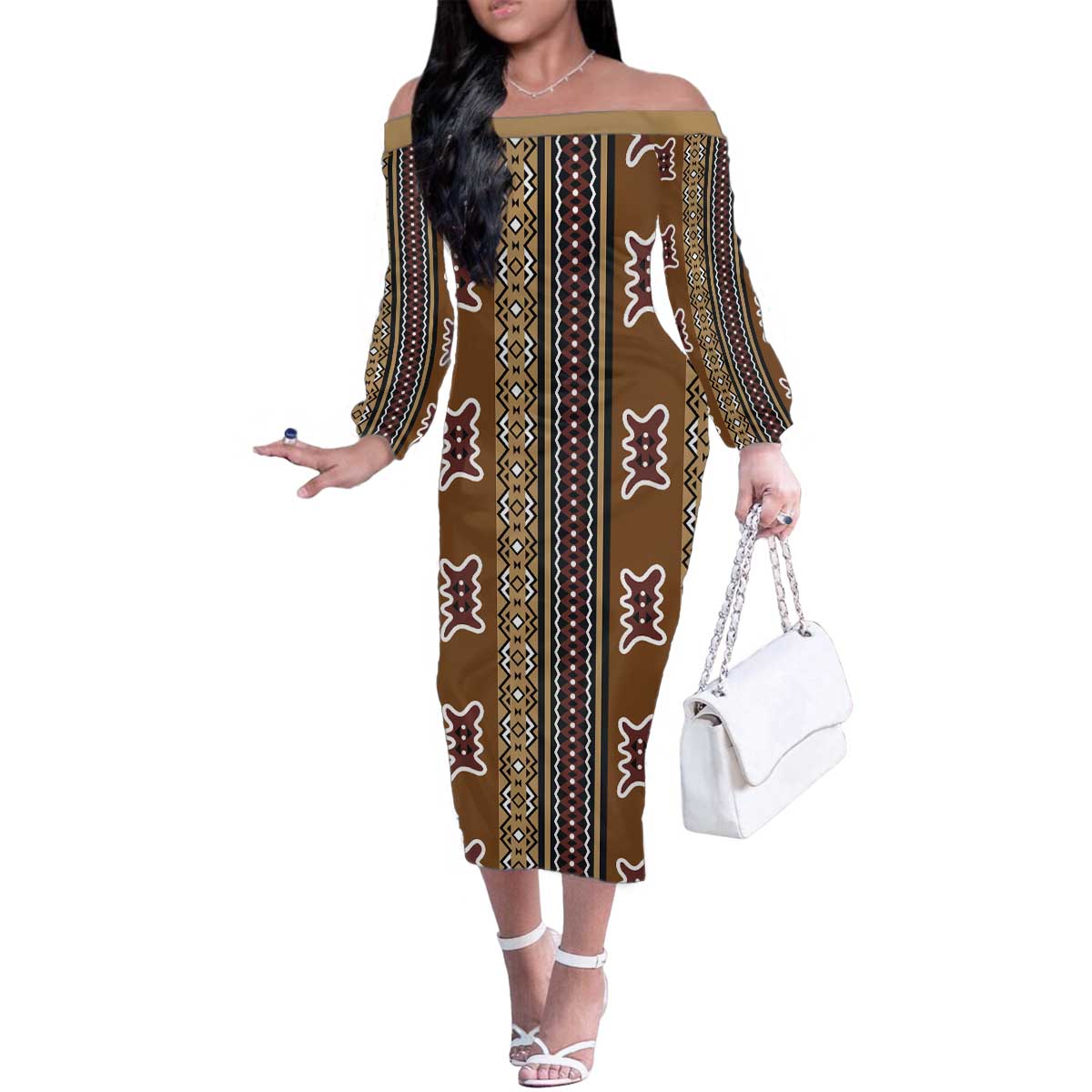 Mali Bologan Mud Cloth Pattern Family Matching Off The Shoulder Long Sleeve Dress and Hawaiian Shirt - Wonder Print Shop