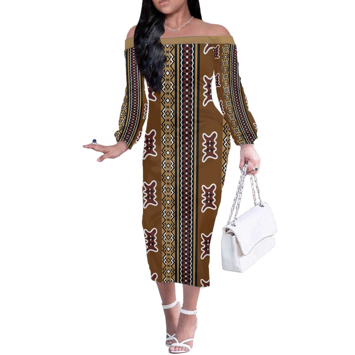Mali Bologan Mud Cloth Pattern Off The Shoulder Long Sleeve Dress - Wonder Print Shop