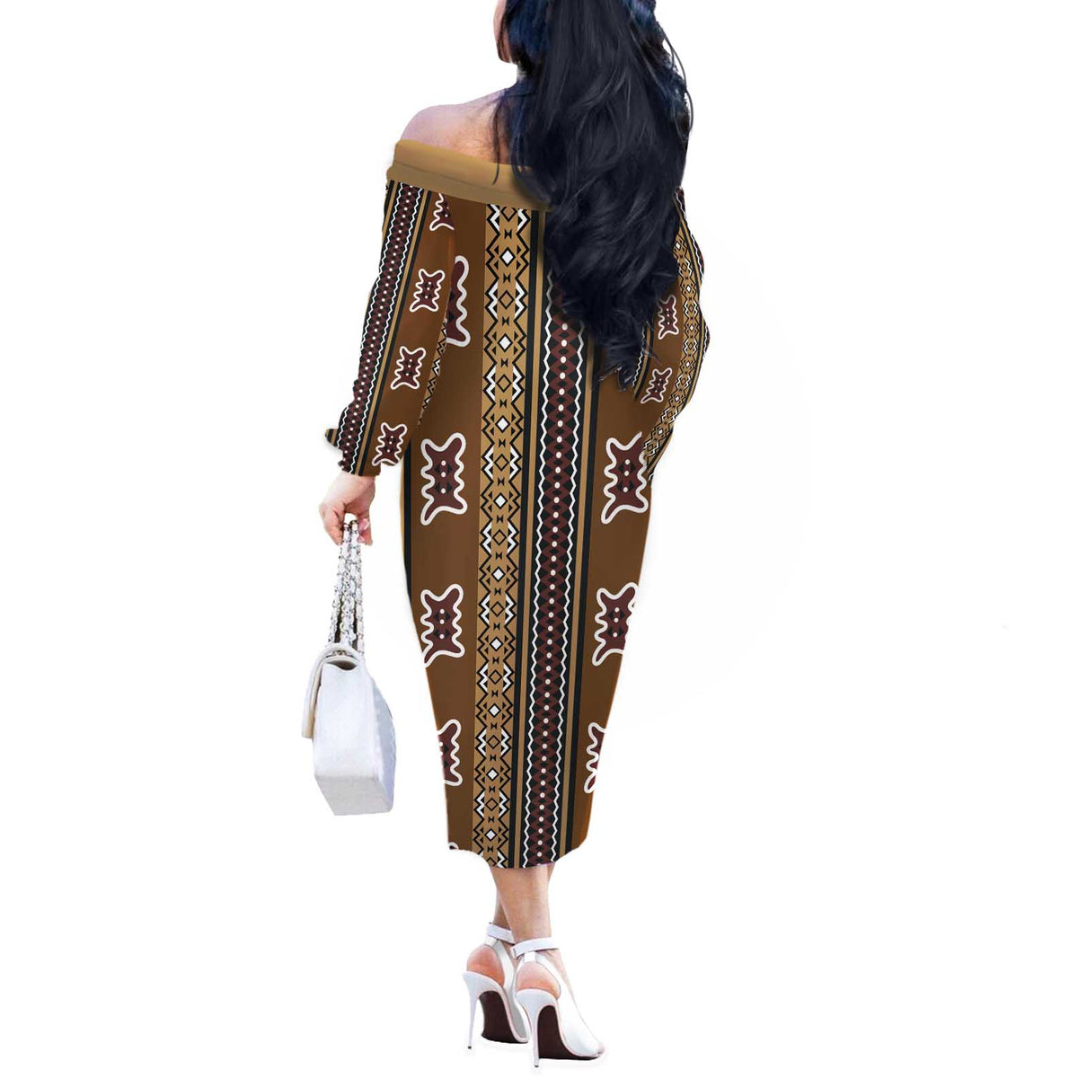 Mali Bologan Mud Cloth Pattern Off The Shoulder Long Sleeve Dress - Wonder Print Shop