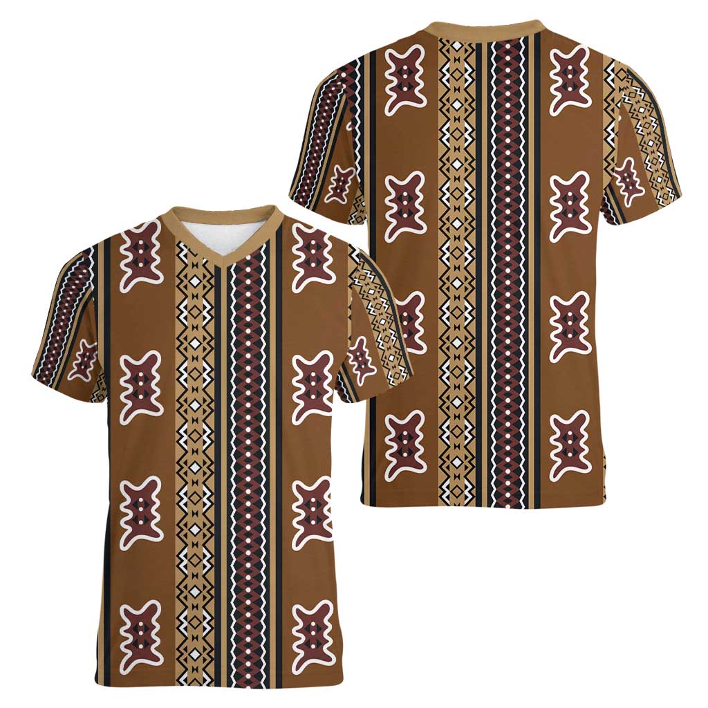 Mali Bologan Mud Cloth Pattern Women V-Neck T-Shirt - Wonder Print Shop